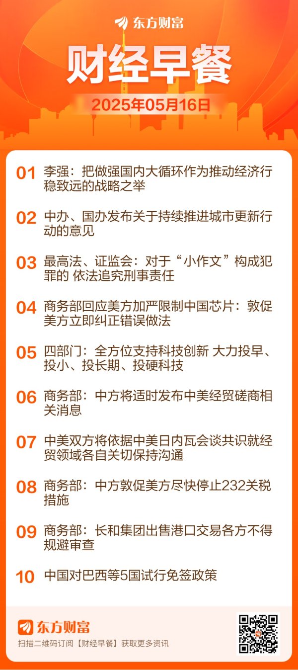 信通配资 东方财富财经早餐 5月16日周五